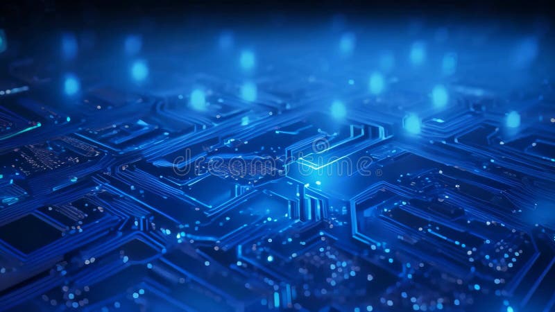 A close-up photo of a computer circuit board illuminated by blue lights, Technology background vector abstract futuristic circuit stock illustration