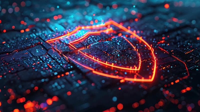 A close-up photo of a computer keyboard with a glowing shield on it, highlighting the backlit keys, Sparse representation of a stock illustration