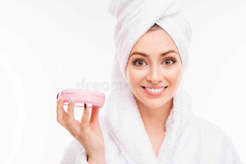 Close Up Photo Of Cute Girl With Towel On Her Head Holding Cream Stock Image Image Of Health 