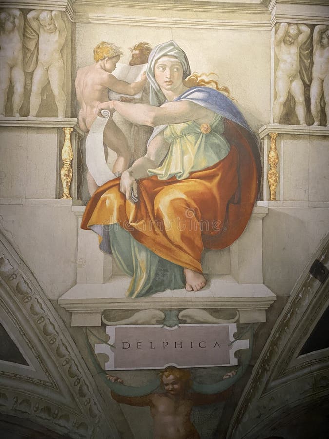 Jan 18, 2022, AUCKLAND, NEW ZEALAND: Close-up photo of The Delphic Sibyl ceiling fresco painting by Michelangelo in the Sistine Chapel during the Michelangelo exhibition