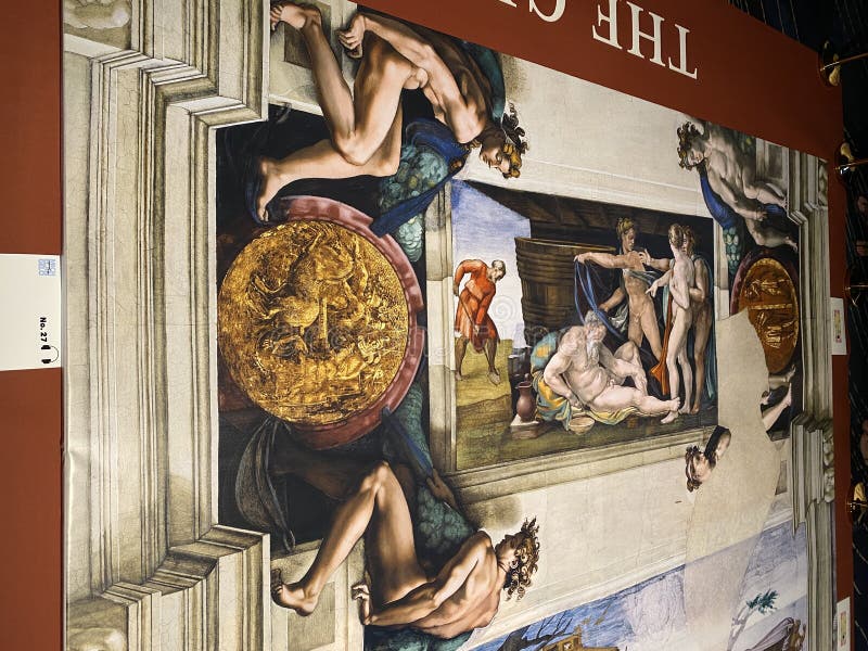 Jan 18, 2022, AUCKLAND, NEW ZEALAND: Close-up photo of The Drunkenness of Noah ceiling fresco painting by Michelangelo in the Sistine Chapel during the Michelangelo exhibition