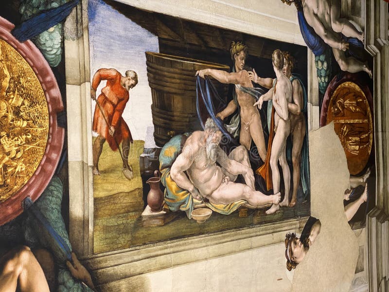 Jan 18, 2022, AUCKLAND, NEW ZEALAND: Close-up photo of The Drunkenness of Noah ceiling fresco painting by Michelangelo in the Sistine Chapel during the Michelangelo exhibition