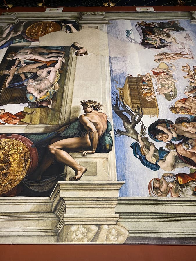 Jan 18, 2022, AUCKLAND, NEW ZEALAND: Close-up photo of The Drunkenness of Noah ceiling fresco painting by Michelangelo in the Sistine Chapel during the Michelangelo exhibition