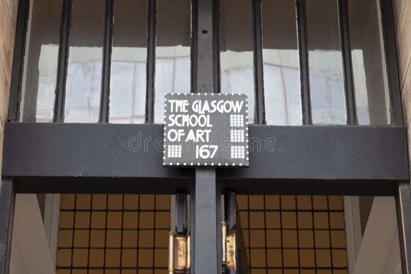 Glasgow, UK. Close up photo of entrance at the Glasgow School of Art building, Renfrew Street, designed by architect Charles Rennie Mackintosh. Glasgow, UK. Close up photo of entrance at the Glasgow School of Art building, Renfrew Street, designed by architect Charles Rennie Mackintosh.