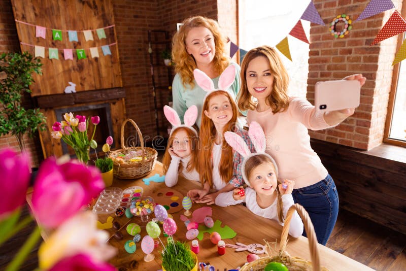 Close up photo foxy three small girls children day easter two mommy pretty table full handmade craft big wooden have stock photos Close up photo foxy three small girls children day easter two mommy pretty table full handmade craft big wooden have stock photos