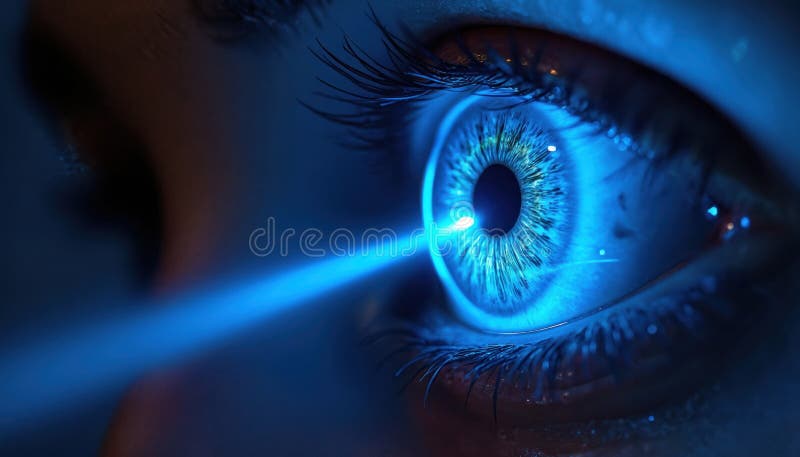 Close-up photo of human eye illuminated by blue light. Detailed macro shows iris pupil. Bright colors create a visual effect. It vector illustration