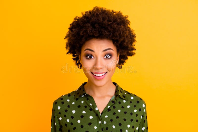 Close Up Photo of Impressed Funky Afro American Girl Look Good