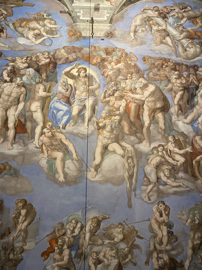 Jan 18, 2022, AUCKLAND, NEW ZEALAND: Close-up photo of The Last Judgment ceiling fresco painting by Michelangelo in the Sistine Chapel during the Michelangelo exhibition in Auckland, New Zealand