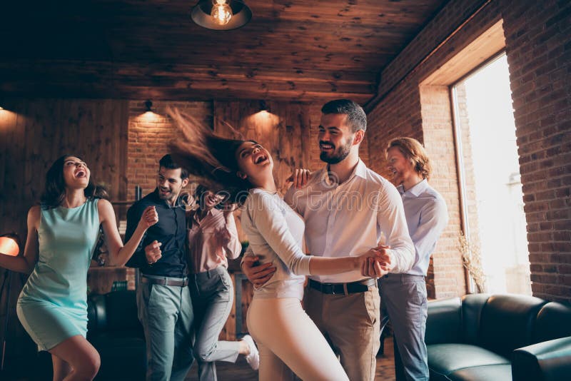 Close up photo love lovers classy best friends gathering hang out slow dance partners tango she her ladies hair volume stock photo Close up photo love lovers classy best friends gathering hang out slow dance partners tango she her ladies hair volume stock photo