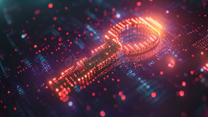 A close-up photo of a magnifying glass placed on top of a digital binary code background, Glowing digital keys being used to royalty free illustration