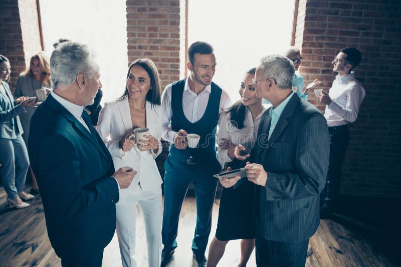 Close up photo morning diversity age mixed race business people stand she her he him his best brigade conversation tell stock photography Close up photo morning diversity age mixed race business people stand she her he him his best brigade conversation tell stock photography