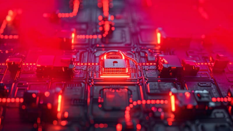 A close-up photo of a padlock securely fastened on a computer circuit board illuminated by red lights, Visualisation of a strong vector illustration