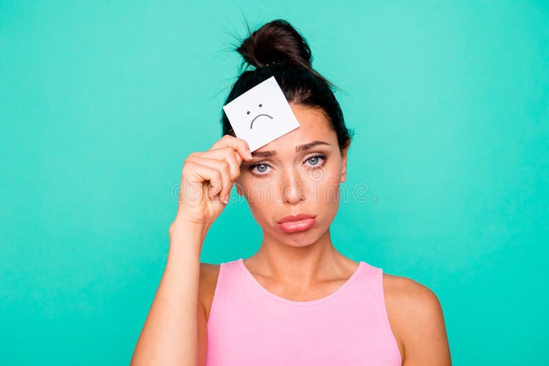 Close Up Photo Portrait Of Sad Unhappy Tired Exhausted She Her Lady Showing Her Mood In Card 