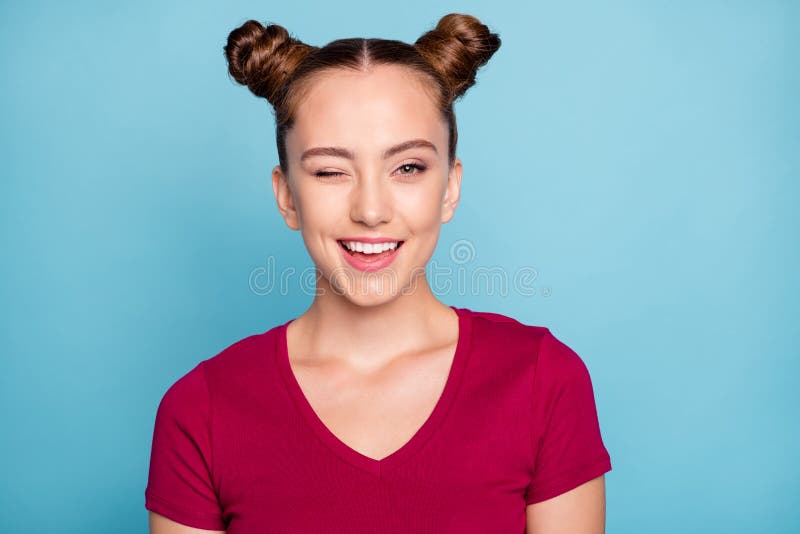 Close up photo of positive charming girl have free time with her best friends wink blink wear red clothes isolated over. Close up photo of positive charming girl stock image Close up photo of positive charming girl have free time with her best friends wink blink wear red clothes isolated over. Close up photo of positive charming girl stock image