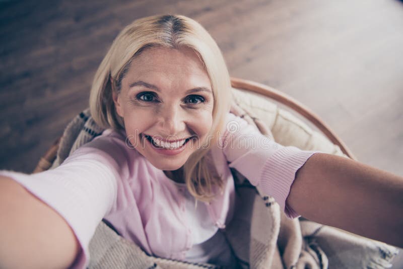 Close Up Photo Of Positive Cheerful Middle Aged Woman Make Selfie Enjoy