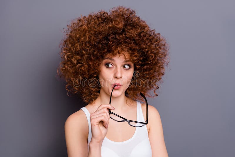 Close up photo of pretty foxy lady look wondered empty space think over tricky action wear specs white tank-top isolated royalty free stock image Close up photo of pretty foxy lady look wondered empty space think over tricky action wear specs white tank-top isolated royalty free stock image