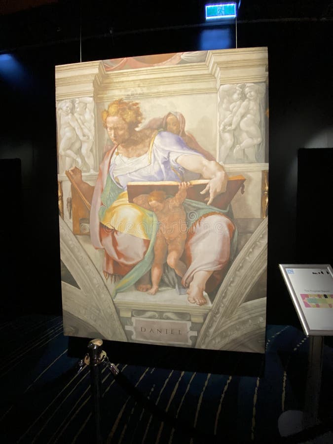 Jan 18, 2022, AUCKLAND, NEW ZEALAND: Close-up photo of The Prophet Daniel ceiling fresco painting by Michelangelo in the Sistine Chapel during the Michelangelo exhibition