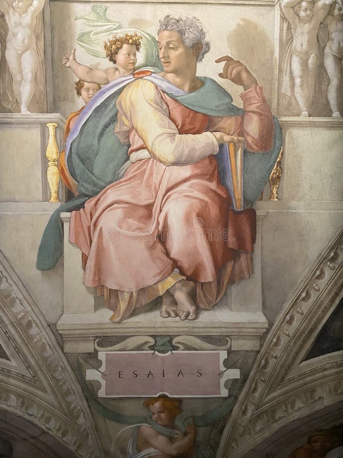 Jan 18, 2022, AUCKLAND, NEW ZEALAND: Close-up photo of The Prophet Isaiah ceiling fresco painting by Michelangelo in the Sistine Chapel during the Michelangelo exhibition in Auckland, New Zealand