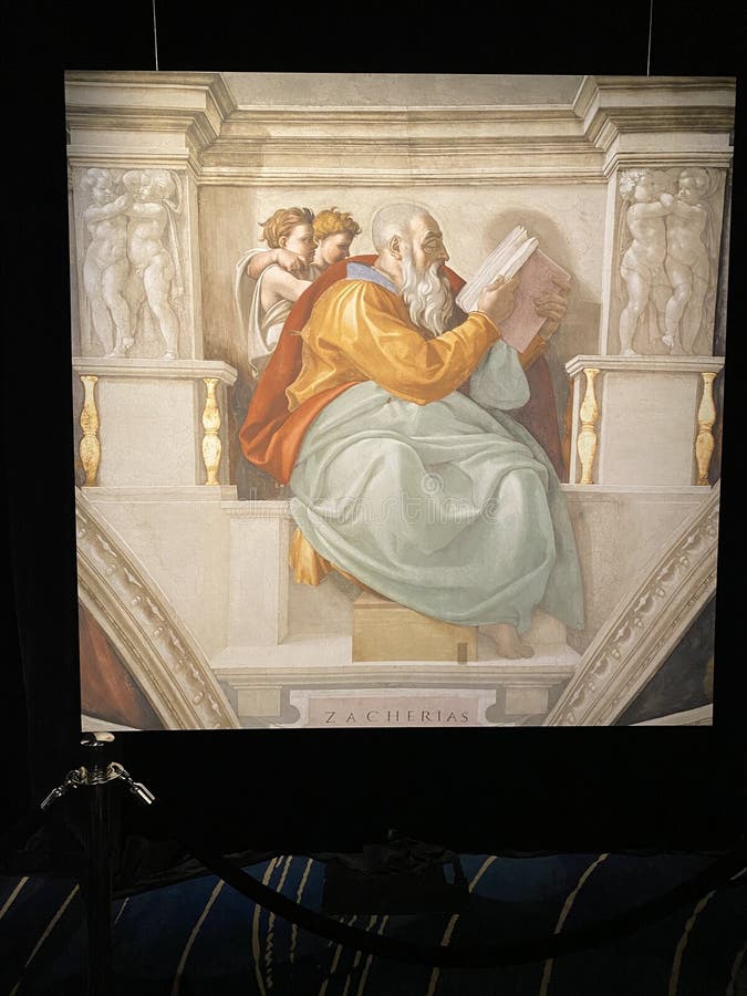 Jan 18, 2022, AUCKLAND, NEW ZEALAND: Close-up photo of the Prophet Zechariah ceiling fresco painting by Michelangelo in the Sistine Chapel during the Michelangelo exhibition