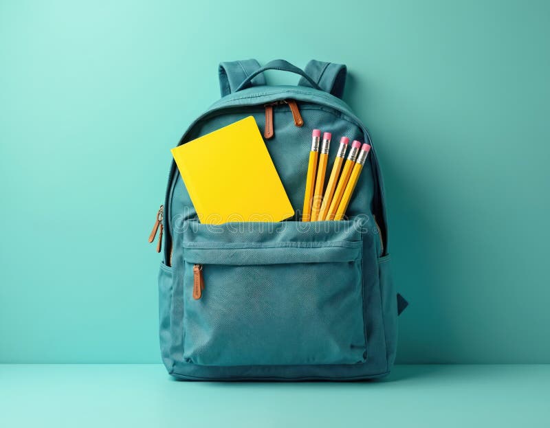 Close up photo of school backpack with stationary. Turquoise rucksack with yellow notebook and pencils inside on solid royalty free illustration
