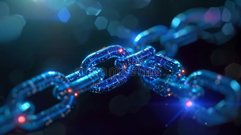 A close-up photo of a shiny blue chain against a blurry background, A visual representation of a cryptographic blockchain stock illustration