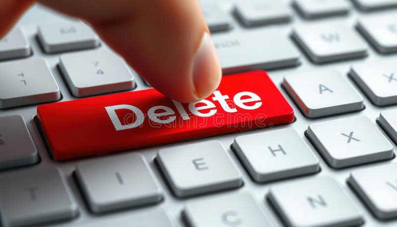 Close-up photo shows finger poised to press red Delete key on keyboard. Action data removal erasure. Urgency, decisiveness in royalty free illustration