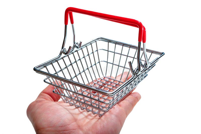 A close-up photo of a toy metal shopping basket that stands on a man`s arm, isolated on white. High quality photo