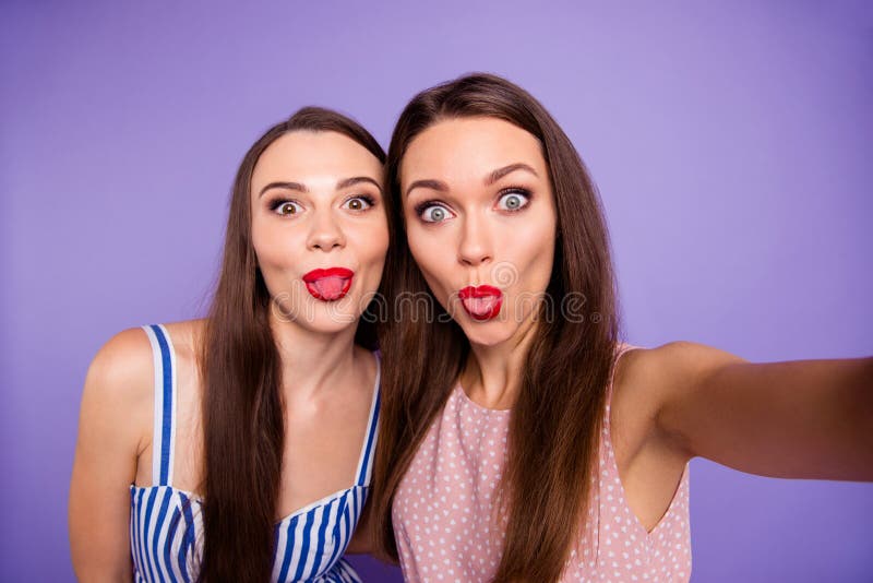 Close Up Photo Two People Beautiful Funny Funky She Her Models Chic Ladies Make Take Selfies