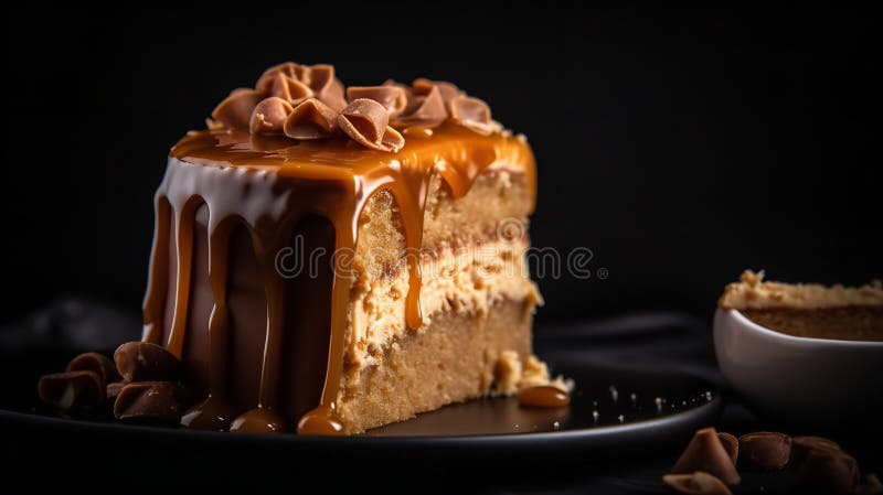 Close-Up Photography of a slice of Dulce de Leche cake. Close-Up Photography of a slice of Dulce de Leche cake