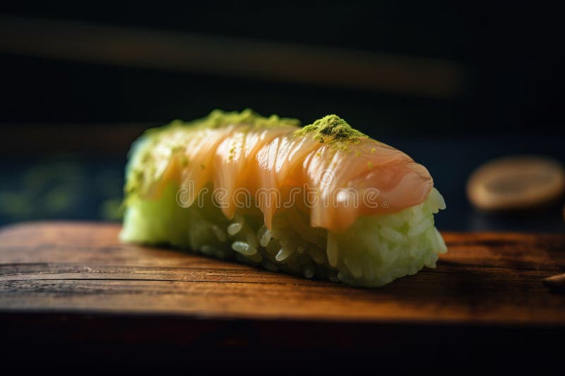A close up of a piece of sushi on a cutting board stock illustration
