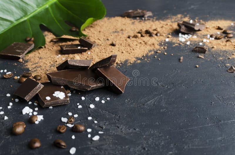 Close up of pieces of dark chocolate, salt, cocoa powder, coffee beans on the dark sufce.Concept of natural salty chocolate.Empty