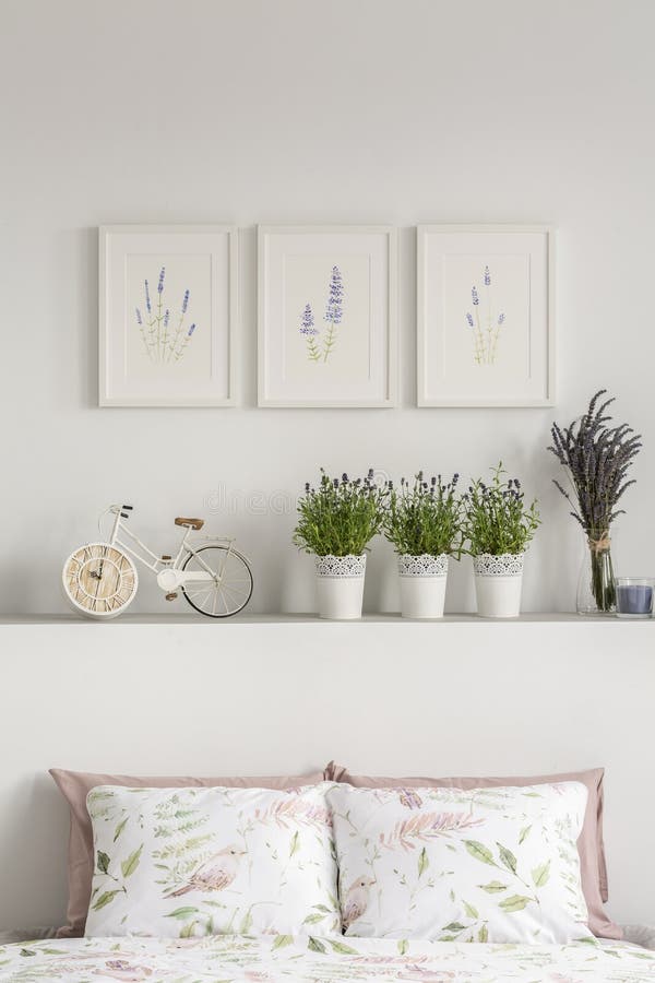Close-up of pillows with flowers, bike and plants on a shelf and graphics on the wall in a bedroom interior. Real photo