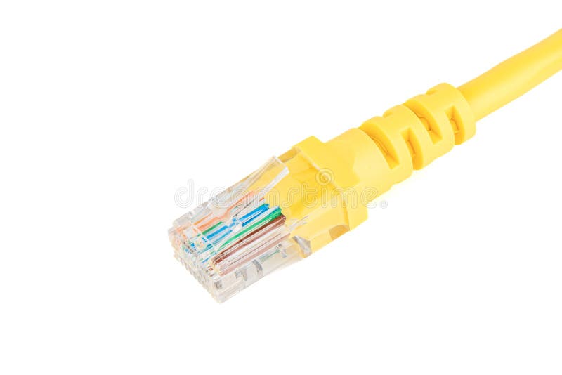 Close-up of an 8-pin RJ-45 computer connector on a yellow cable over a white background. Copy space.