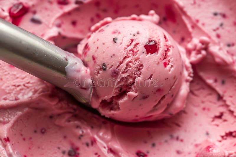 Close up of pink berry ice cream with metal scoop in creamy texture royalty free stock images