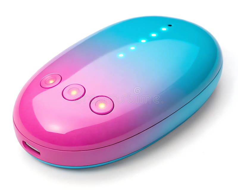 Close up of a pink and blue gradient electronic device with buttons and led lights on white background royalty free illustration