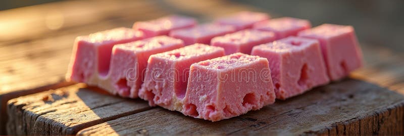 Close-up of pink frozen raspberry cream fudge on rustic wooden table stock photo