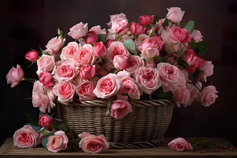Close-up of pink roses in basket. royalty free illustration.