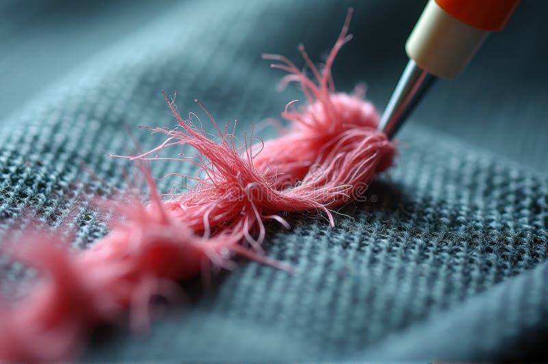 Close-up of pink thread on textured blue fabric with needlework detail vector illustration