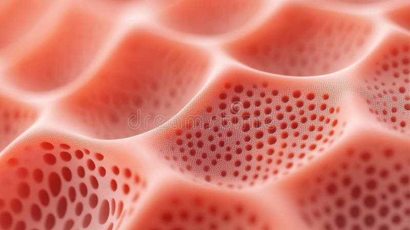 Close up of a porous red surface showing wavelike formations and numerous tiny holes creating a repeating pattern of bumps and royalty free stock photography