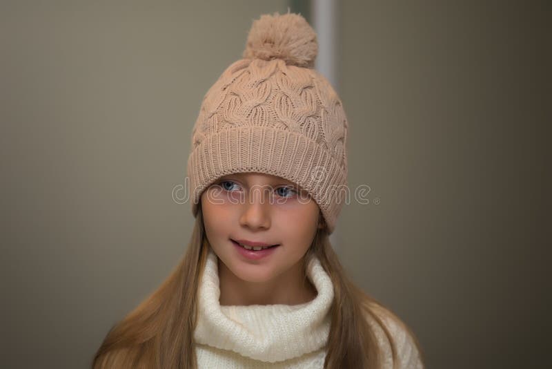 Close-up Portrait of Adorable Smiling Child Girl Wearing Knitted Hat ...
