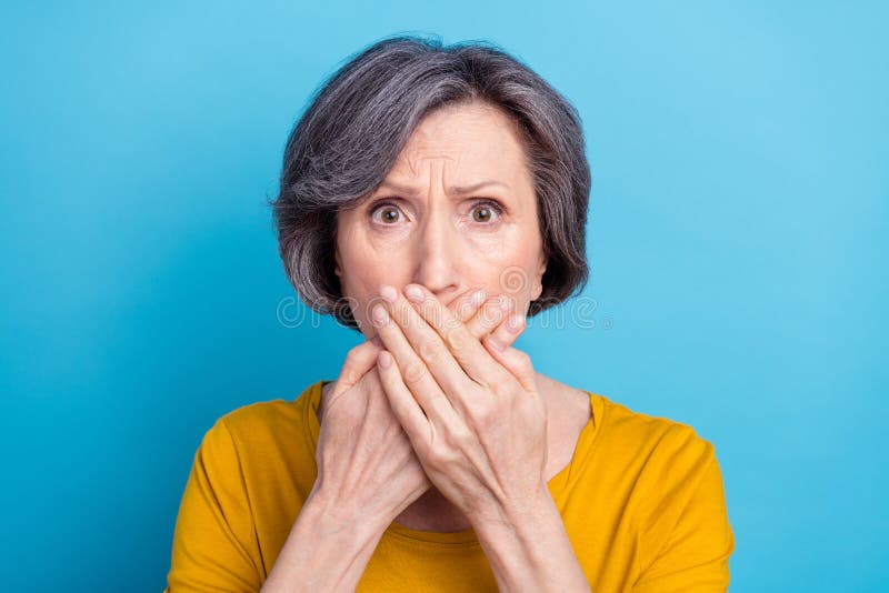 Close Up Portrait Of Attractive Desperate Nervous Middle Aged Woman Closing Mouth Terrible News