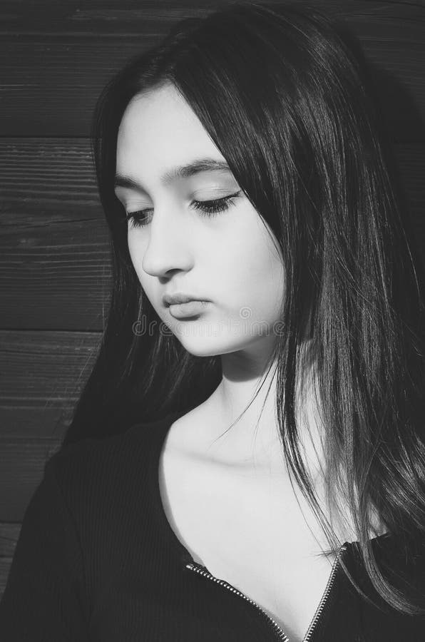 Portrait of a Beautiful Sad Girl with Long Dark Hair. Black and White  Photography Stock Photo - Image of people, beautiful: 160920820