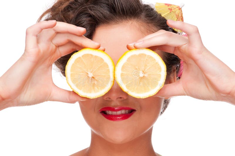 Close up portrait of beauty woman with lemon eyes stock photo Close up portrait of beauty woman with lemon eyes stock photo