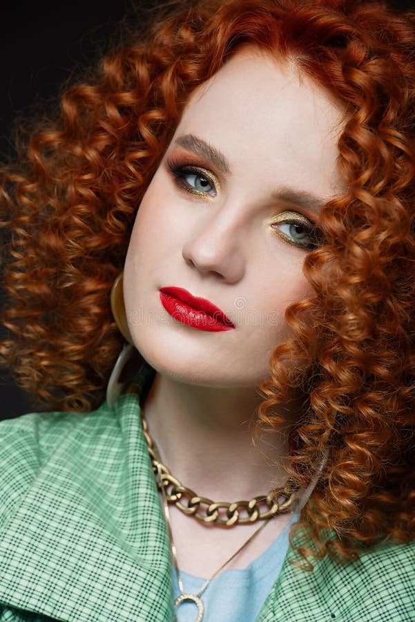 Close-up Portrait of Girl, Curly Red Hair, Red Lipstick, Calm Look, White  Skin, Puffy Hairstyle, Evening Make-up Stock Image - Image of face, close:  185481881