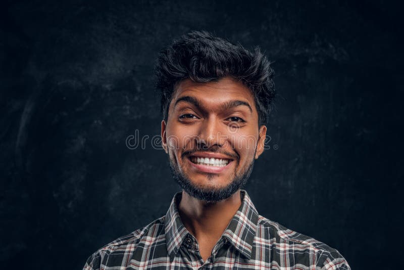 Close-up Portrait of a Handsome Indian Man Wearing a Plaid Shirt, Smiling  and Looking at a Camera. Stock Image - Image of beard, hairstyle: 140913881