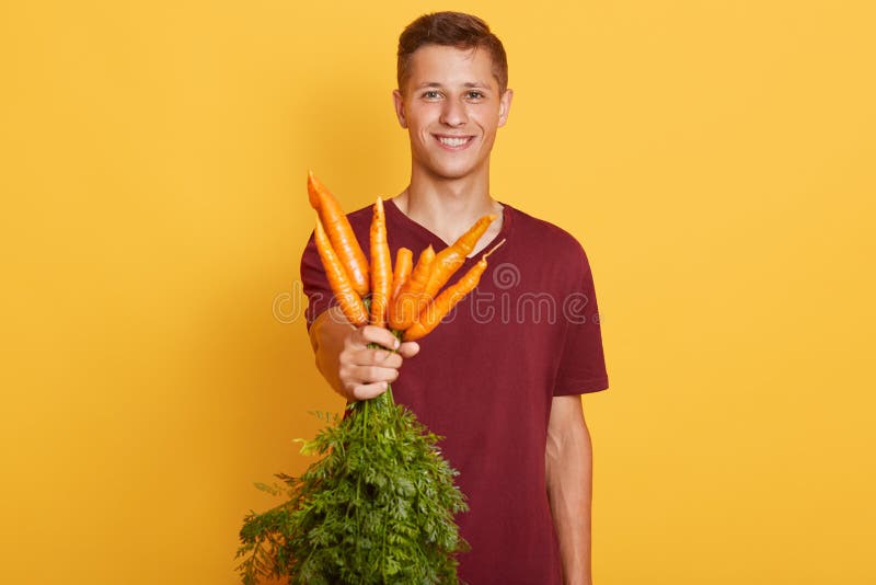 Close up portrait of handsome man holding bunch of fresh carrots isolated over yellow background, attractive guy wearing maroon