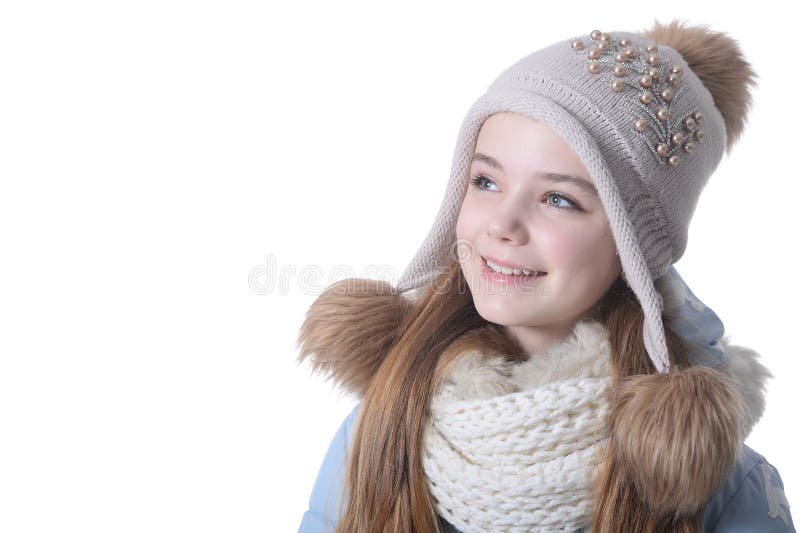 Close Up Portrait of Happy Little Girl in Warm Clothes Stock Photo ...