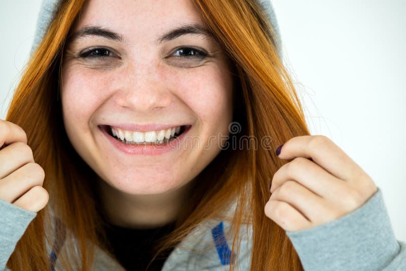 Close Up Portrait Of Happy Smiling Young Redhead Woman Wearing Warm Hoodie Pullover Stock Image 