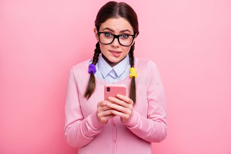 Close-up portrait of her she attractive pretty lovely cute unsure shy brown-haired girl geek using digital device 5g app