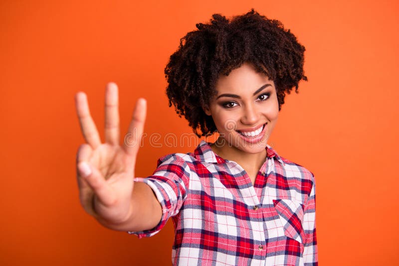 Close-up portrait of her she nice-looking attractive lovely cute cheerful cheery wavy-haired lady wearing checked shirt